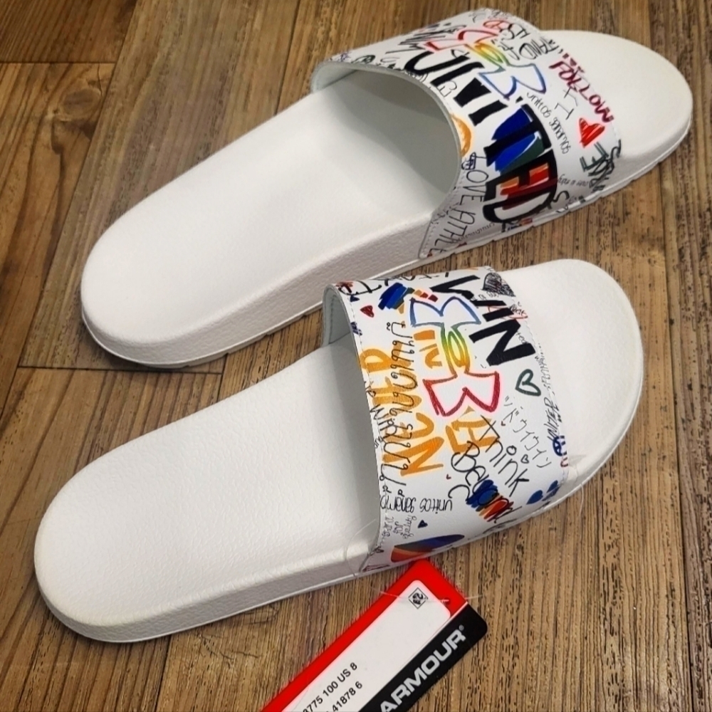 NWT.Under Armour Sandals.Unisex UA Core Remix Pride Slides. White Logo 10.75